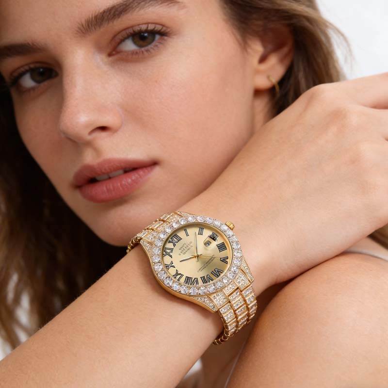 Kvinders kvartsur med rhinestone stål armbån
