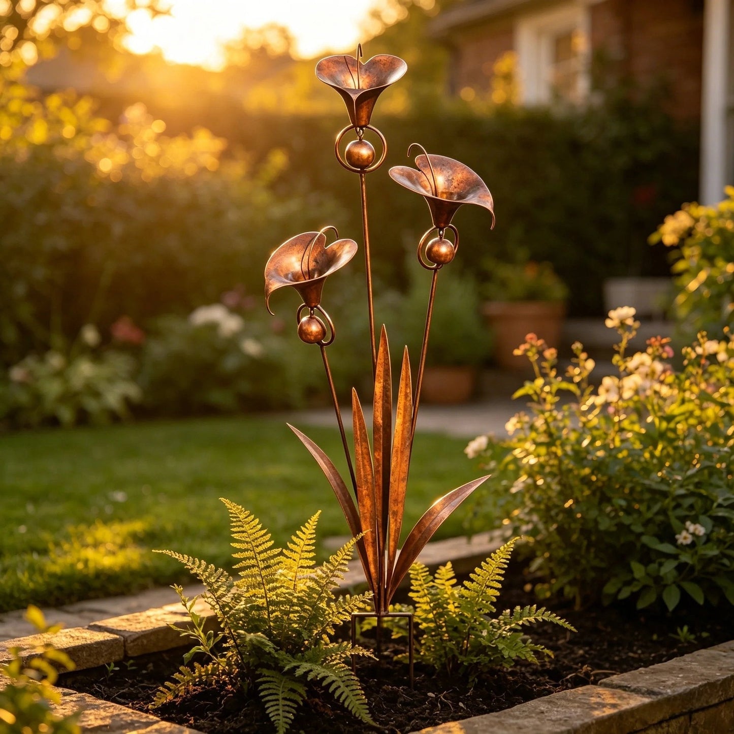 🏡Havepind i flammeret kobber med tre calla-liljer og klokker