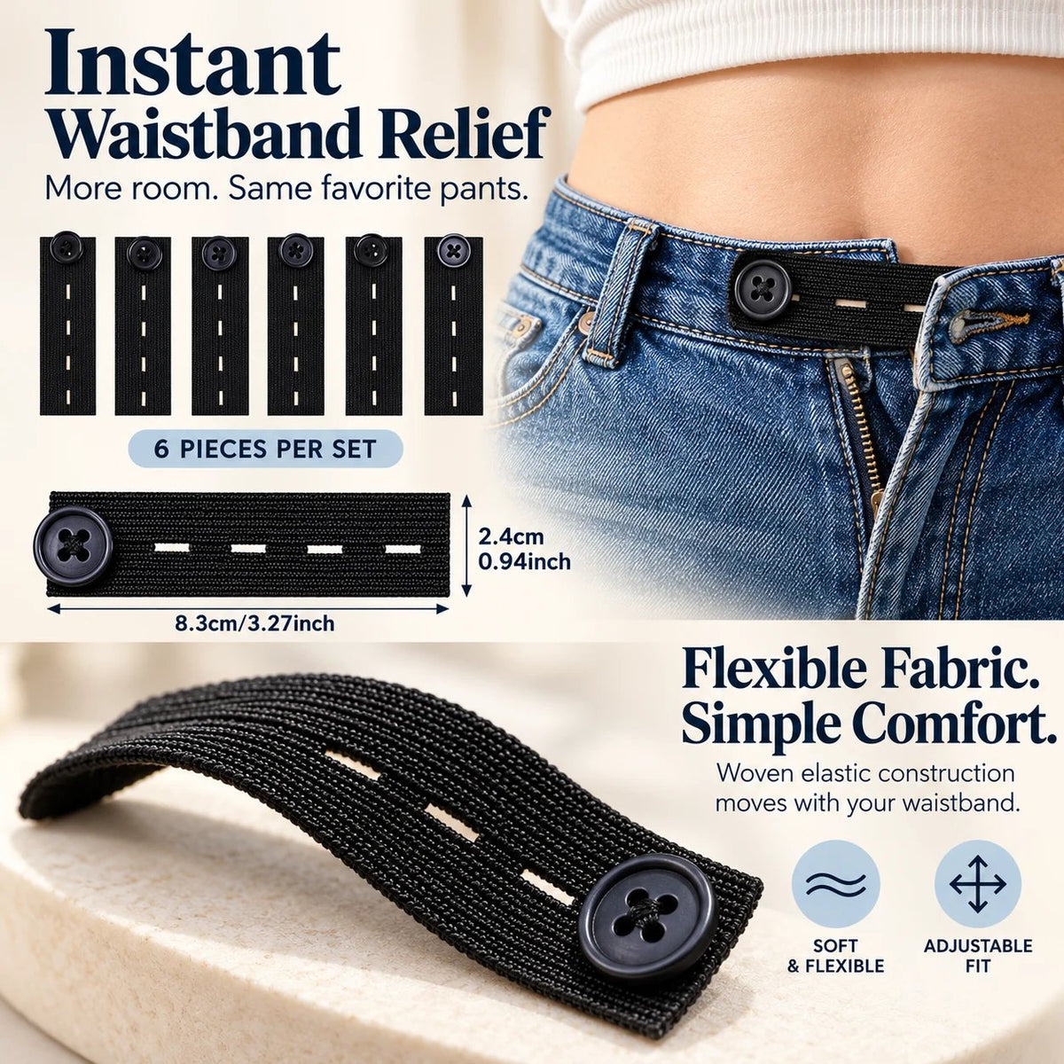 👖 Knapper til forlængelse af elastisk linning – justerbar komfort, sæt med 6 stk.