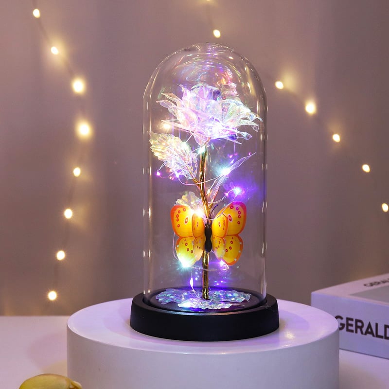 🌹Evig sommerfuglrose i glaskuppel med LED-lys