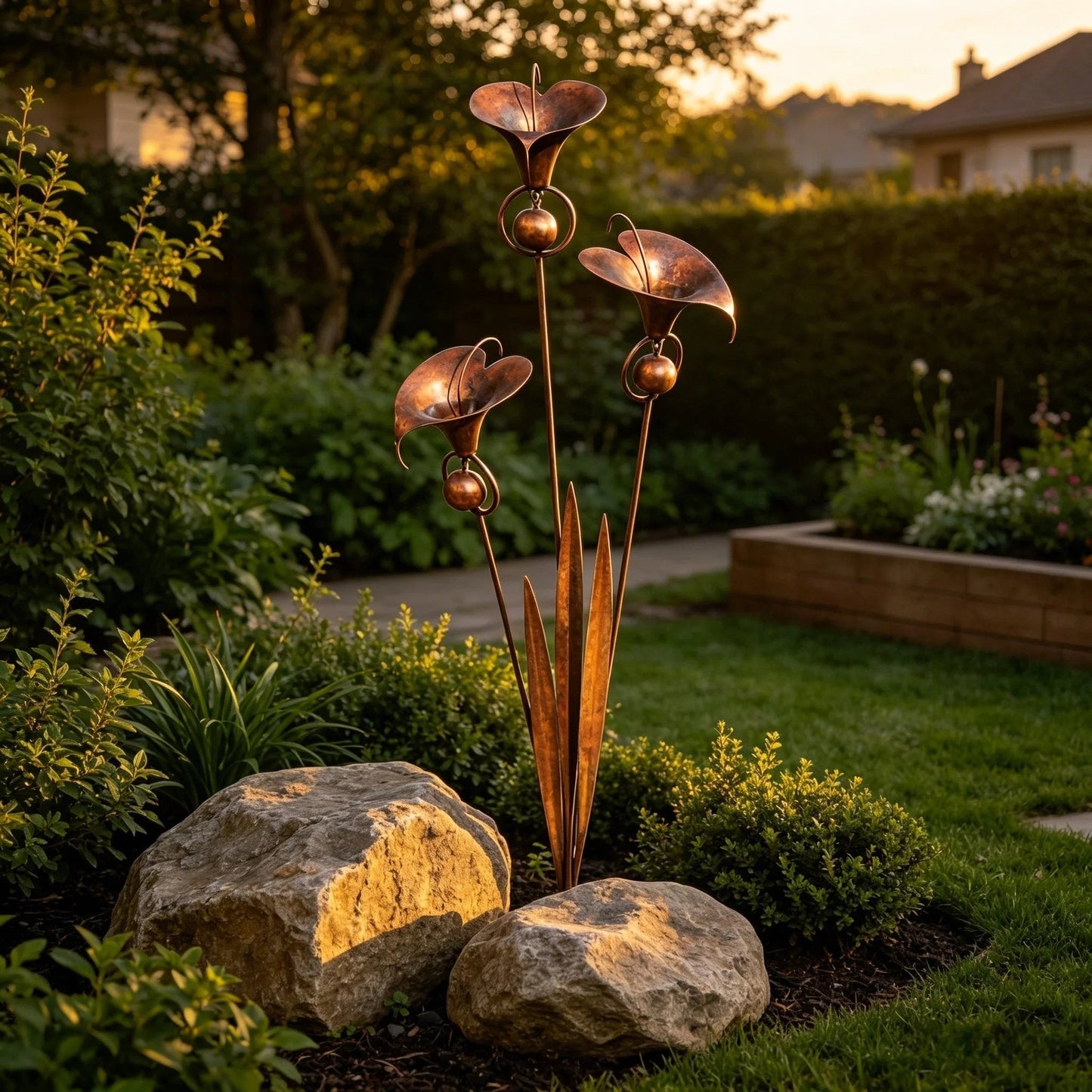 🏡Havepind i flammeret kobber med tre calla-liljer og klokker