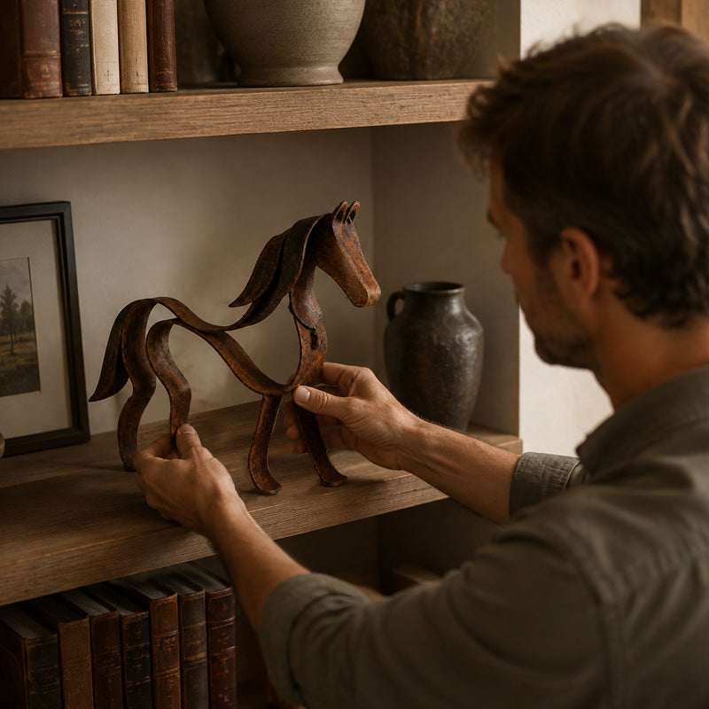 Vintage metalskulptur af en hest – rustik boligindretning med hestemotiv 🐎