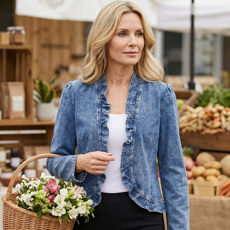 🧥 BEGRÆNSET TILBUD: 50 % RABAT! ✨ Denimjakke til kvinder – åben foran, flæsekant, let, klassisk vask ✨