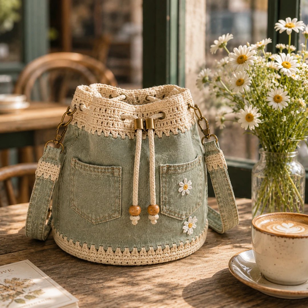 🔥STORT UDSALG 50 % RABAT✨👜Hæklet bucket-taske i denim