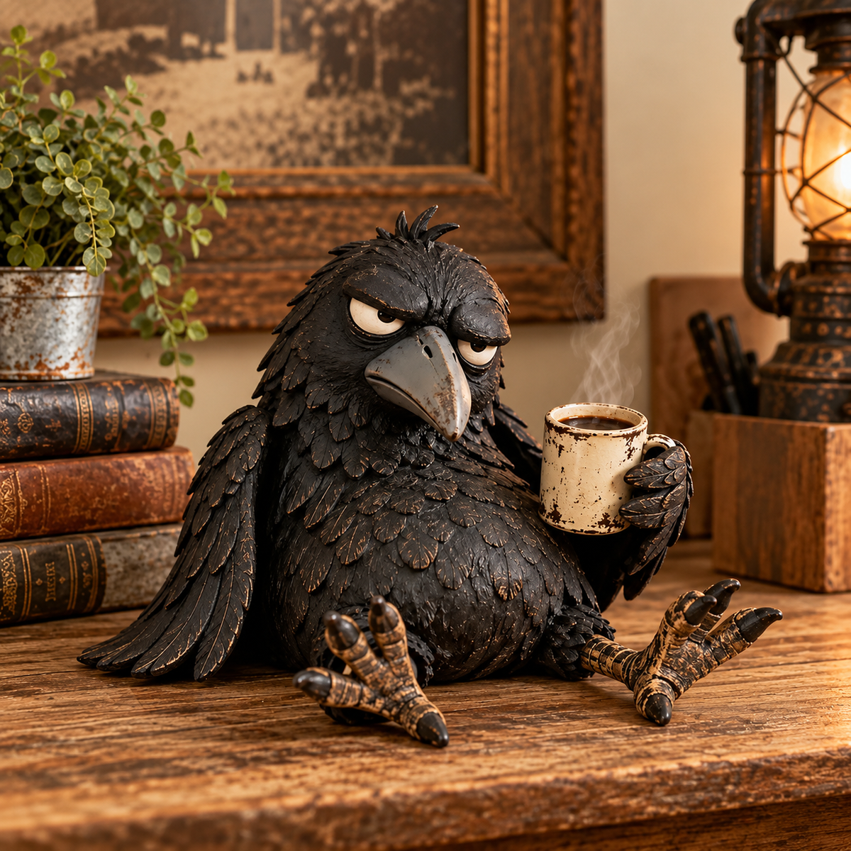 Grumpy Coffee-ravn-figur – »Ikke endnu« – sjov morgenpynt