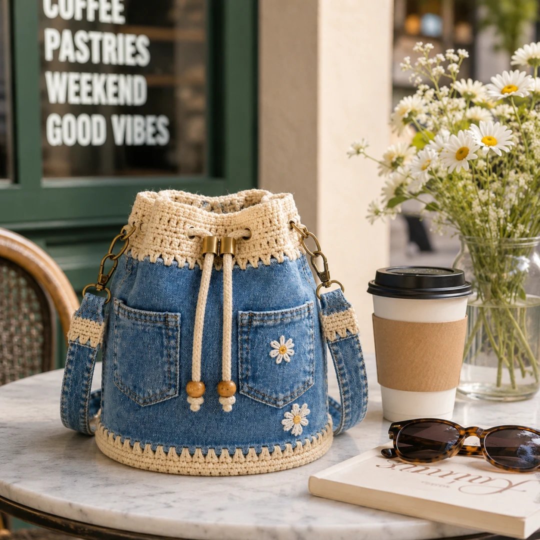 🔥STORT UDSALG 50 % RABAT✨👜Hæklet bucket-taske i denim