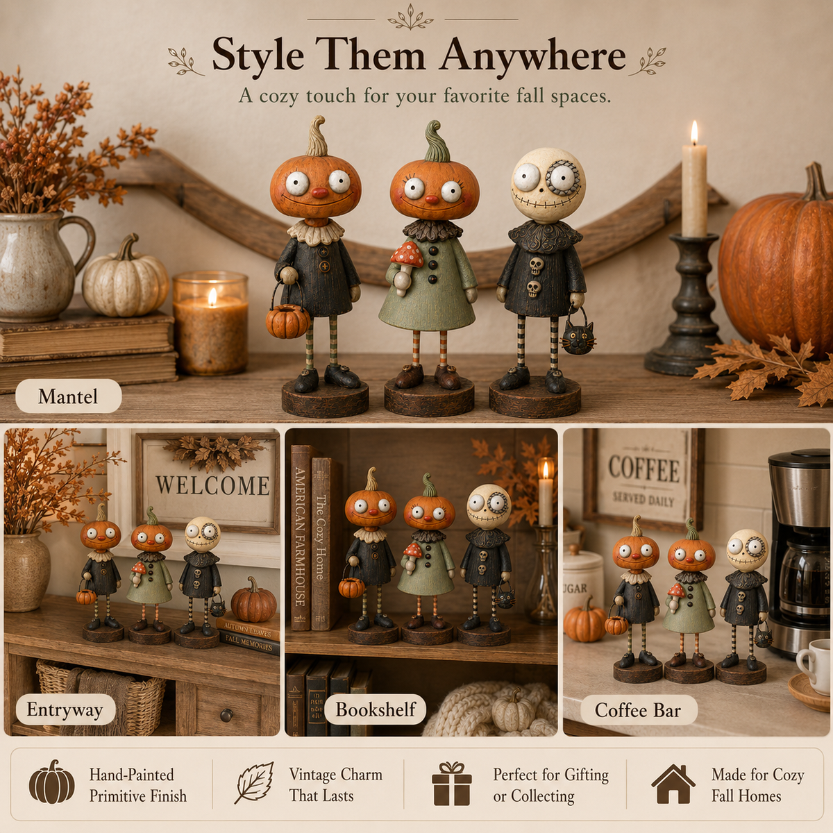 🎃Primitive Pumpkin Friends – Samling af vintage Halloween-figurer