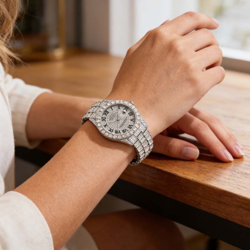 Kvinders kvartsur med rhinestone stål armbån