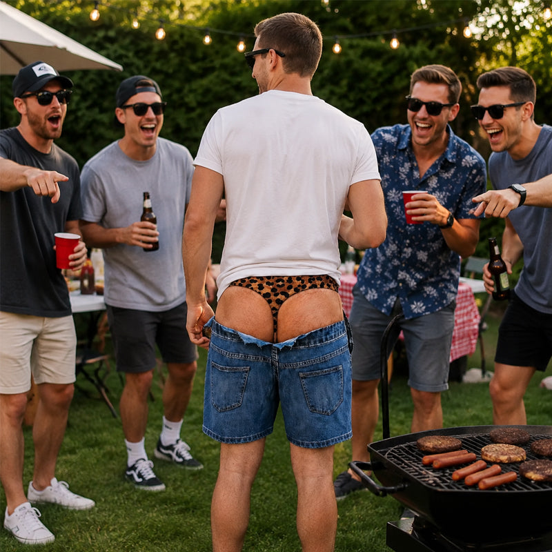 Sjove badeshorts i leopardmønster, der ligner denim | Originale badeshorts med optisk illusion