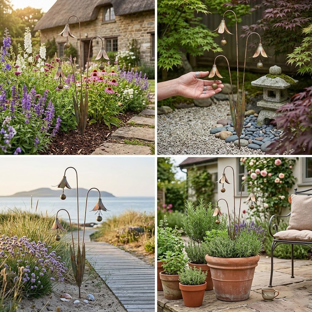 🏡Havepind i flammeret kobber med tre calla-liljer og klokker