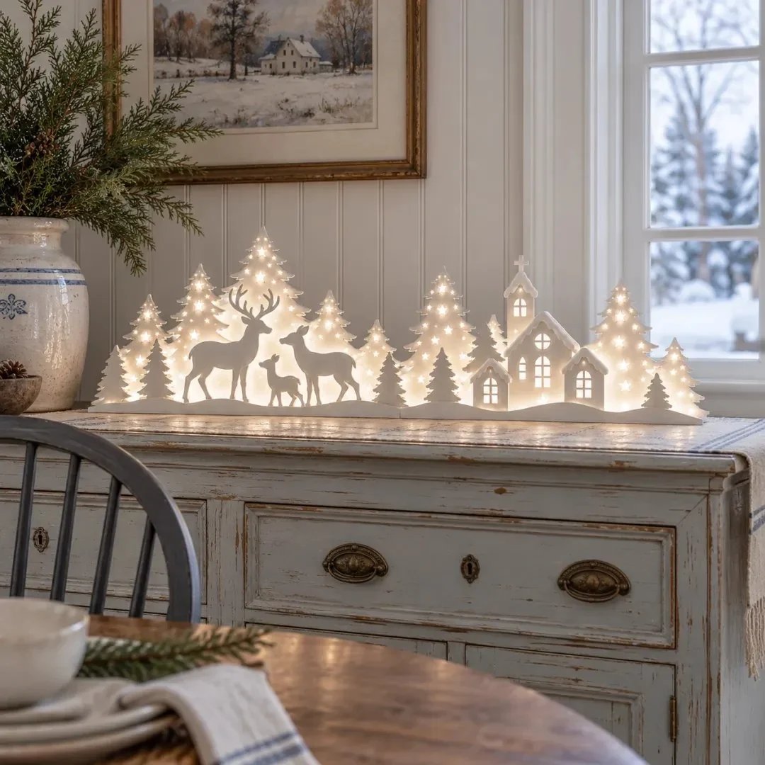 🦌 Lysende julepynt til vinduet – rensdyr og landsby | 2-delt LED-sæt ✨