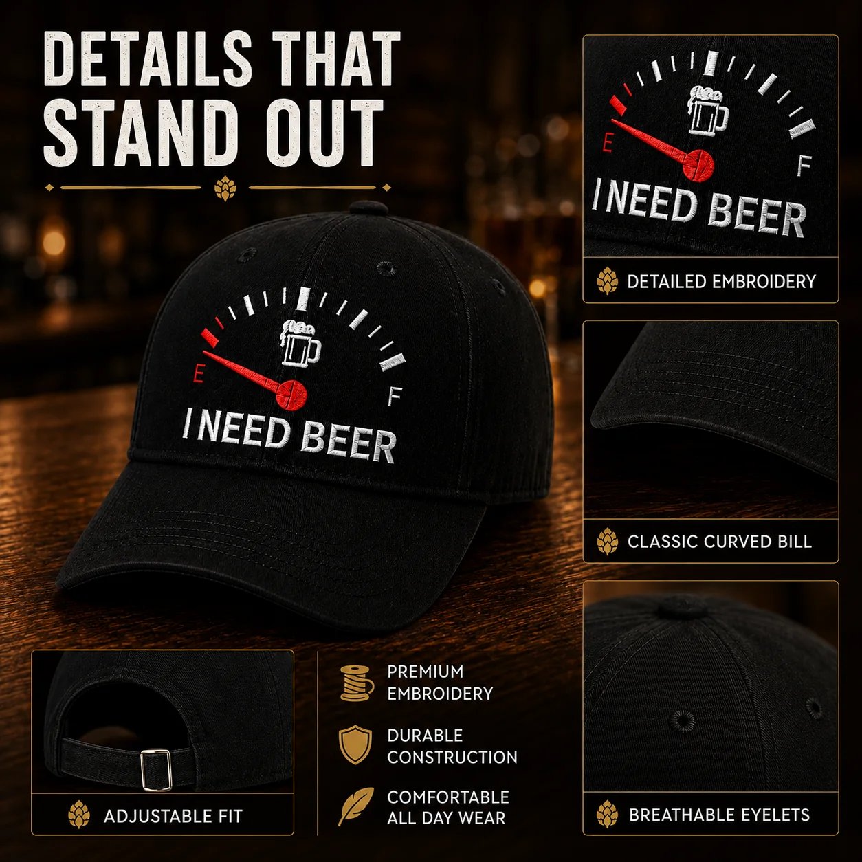 🍺 »I NEED BEER«-broderet baseballkasket – Unisex-kasket til minde🧢 100 % bomuld