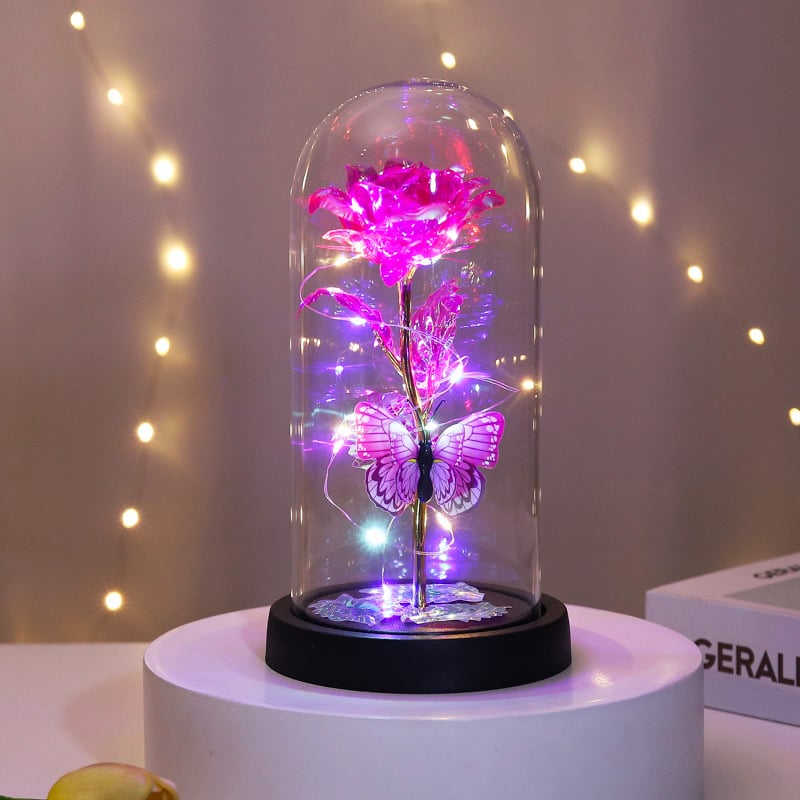 🌹Evig sommerfuglrose i glaskuppel med LED-lys