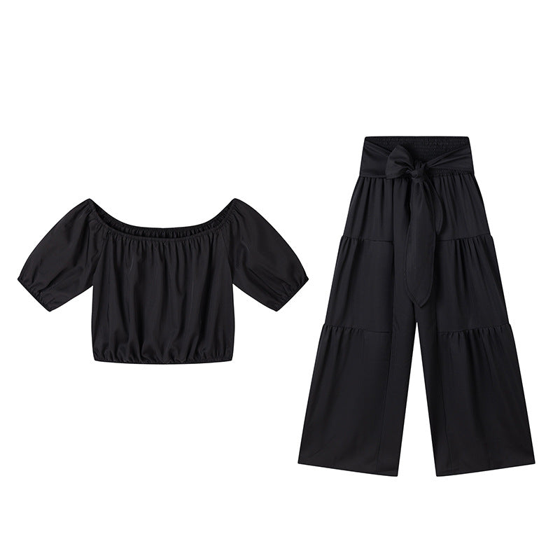 💎 50 % RABAT PÅ SÆTTET MED OFF-SHOULDER OG PUFFÆRMER! 💎 Bukser med høj talje, romantisk udskæring og strækbart stof ✨