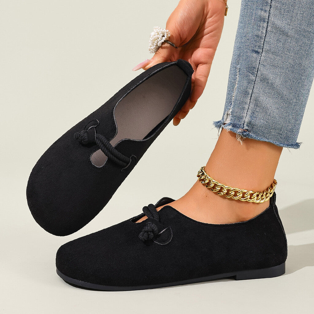 🟔 Slip-on-ballerinasko i imiteret ruskind til kvinder – tidløst design med rebknude i sort og beige 🍂