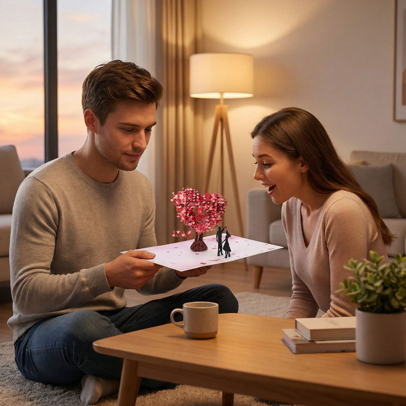 Romantisk 3D-lykønskningskort ”Dans under hjertetræet”