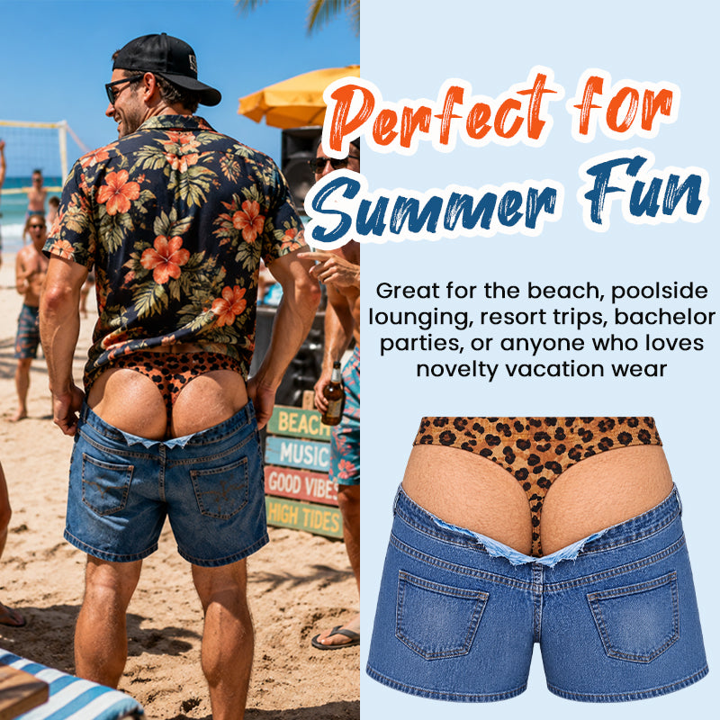 Sjove badeshorts i leopardmønster, der ligner denim | Originale badeshorts med optisk illusion