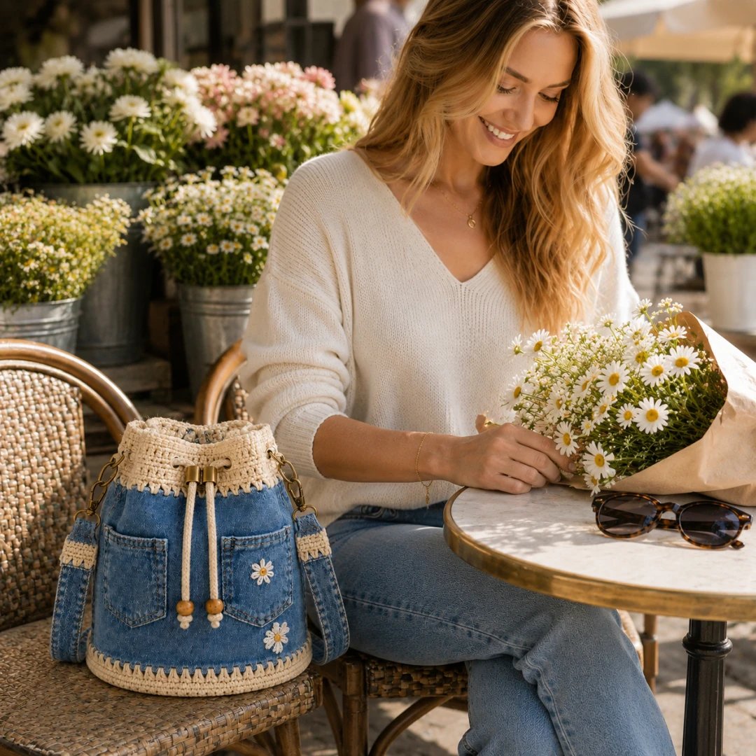 🔥STORT UDSALG 50 % RABAT✨👜Hæklet bucket-taske i denim