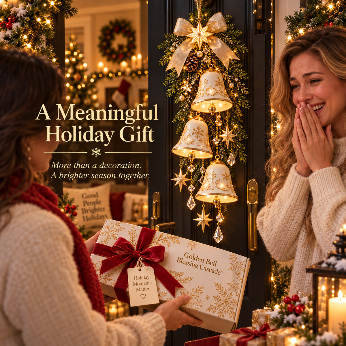 🔔✨Sidste dag med 49 % rabat✨✨ Golden Bell Blessing Cascade™ – Juledekoration til døren med lys