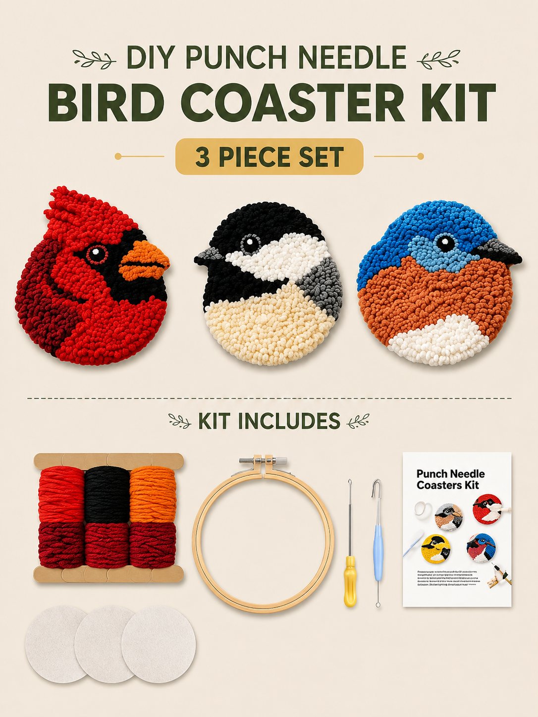 🧵Begyndervenligt🐦DIY-sæt til fugleunderlag med punch needle