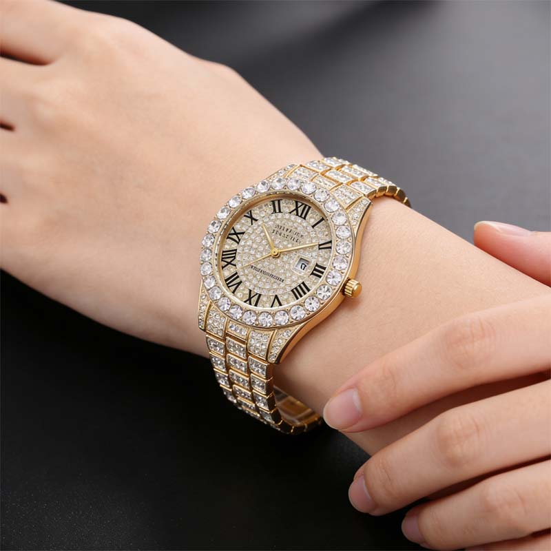 Kvinders kvartsur med rhinestone stål armbån