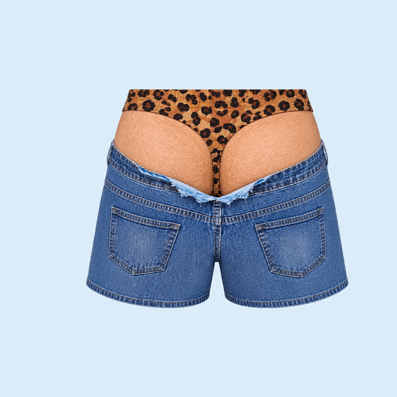 Sjove badeshorts i leopardmønster, der ligner denim | Originale badeshorts med optisk illusion