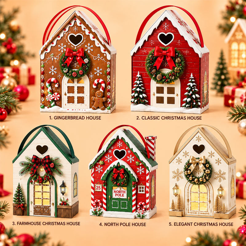 Gaveæske »Christmas Magic House« – Kreativ 3D-gaveemballage til julen, der kan holdes i hånden
