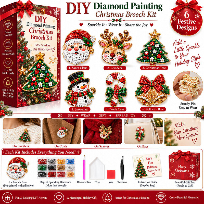 ✨🎄 DIY-sæt til diamantmaleri-broche til jul — 6 festlige motiver, glimmer du kan bære