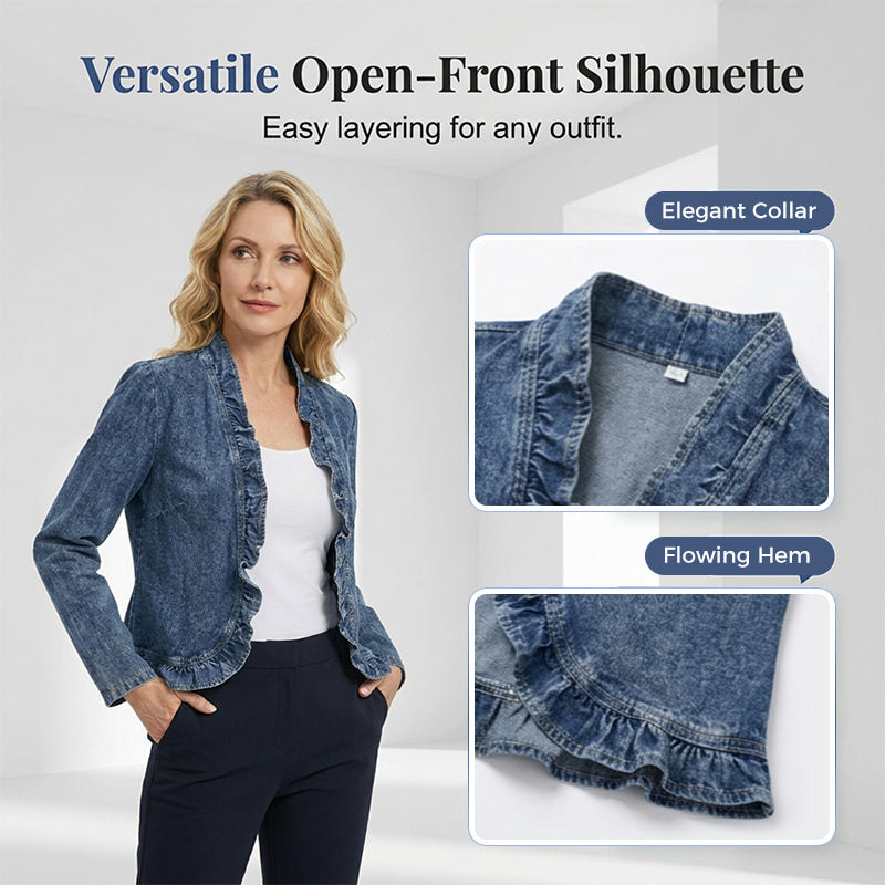 🧥 BEGRÆNSET TILBUD: 50 % RABAT! ✨ Denimjakke til kvinder – åben foran, flæsekant, let, klassisk vask ✨