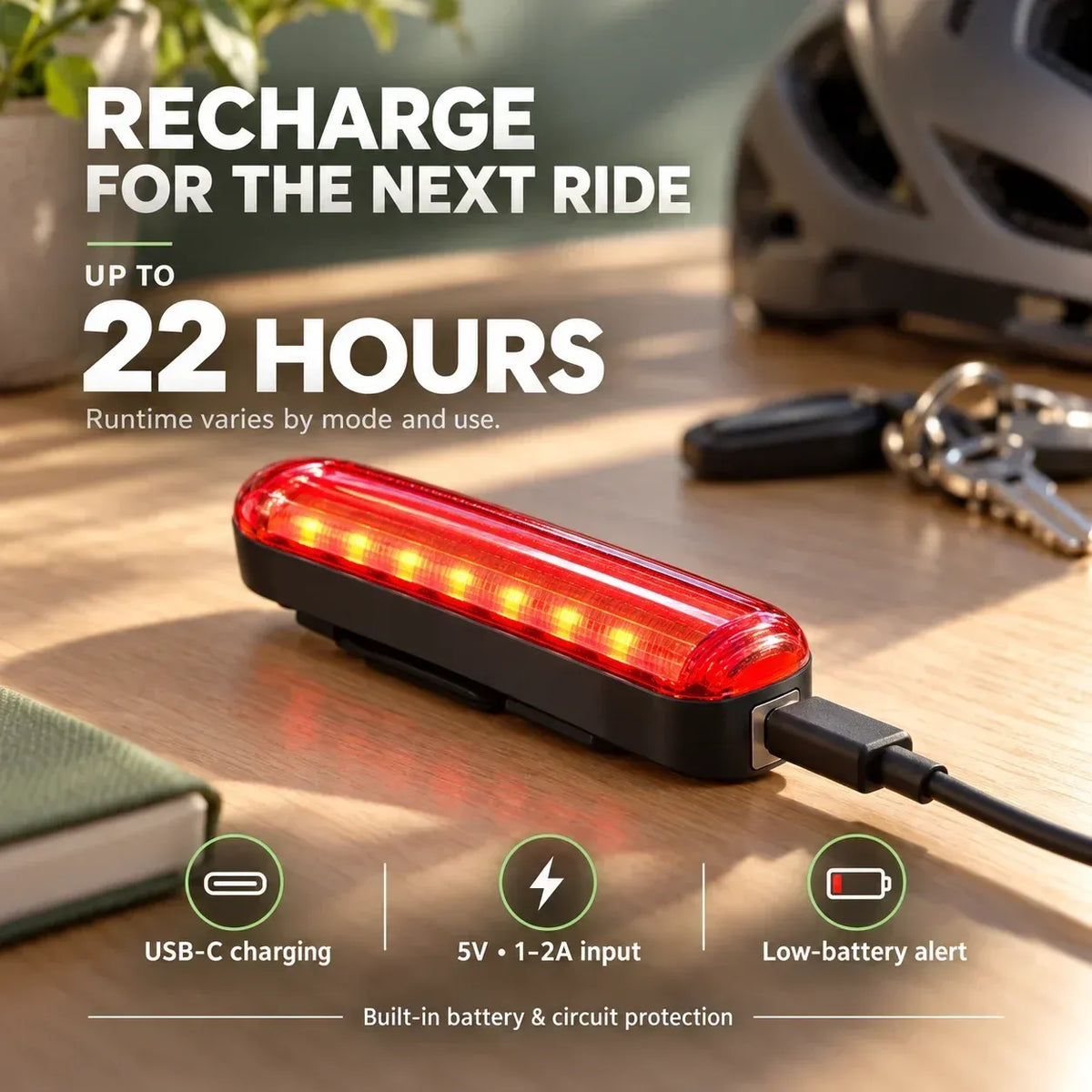 🚨 LED-baglygte til cykel med intelligent bremsesensor | Lasermarkeret sikkerhedszone og 22 timers batterilevetid (2 monteringsbeslag medfølger)