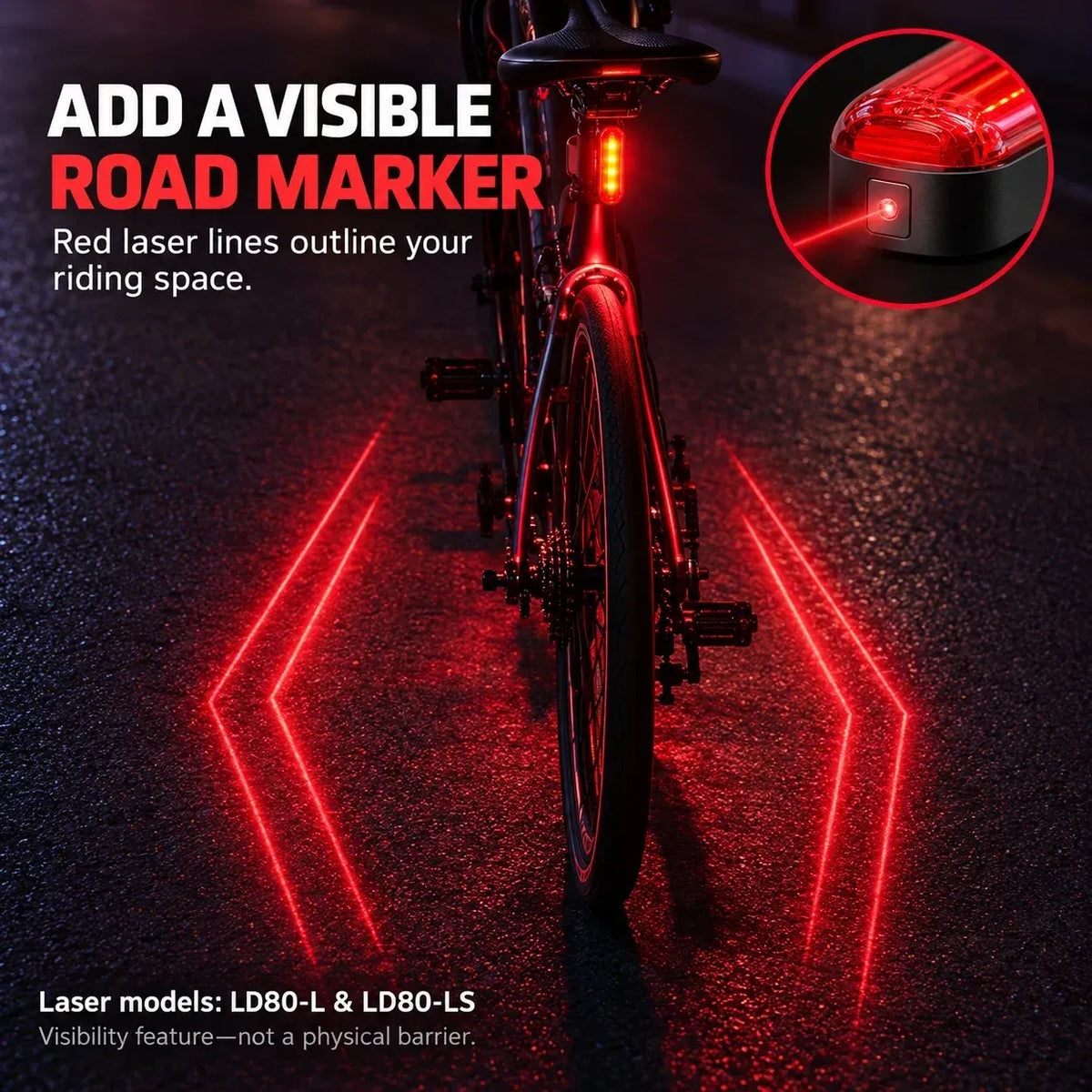 🚨 LED-baglygte til cykel med intelligent bremsesensor | Lasermarkeret sikkerhedszone og 22 timers batterilevetid (2 monteringsbeslag medfølger)