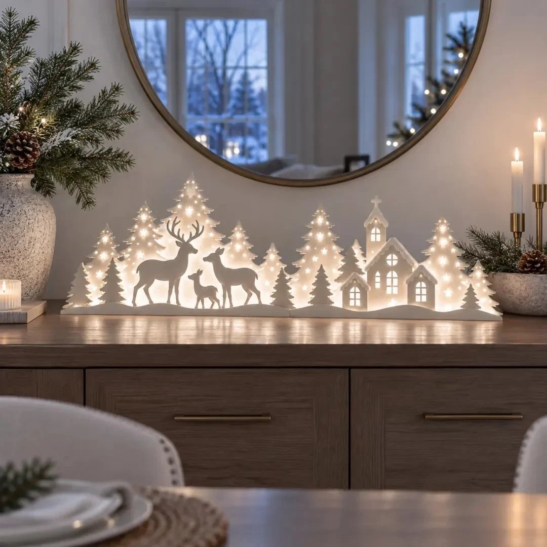 🦌 Lysende julepynt til vinduet – rensdyr og landsby | 2-delt LED-sæt ✨