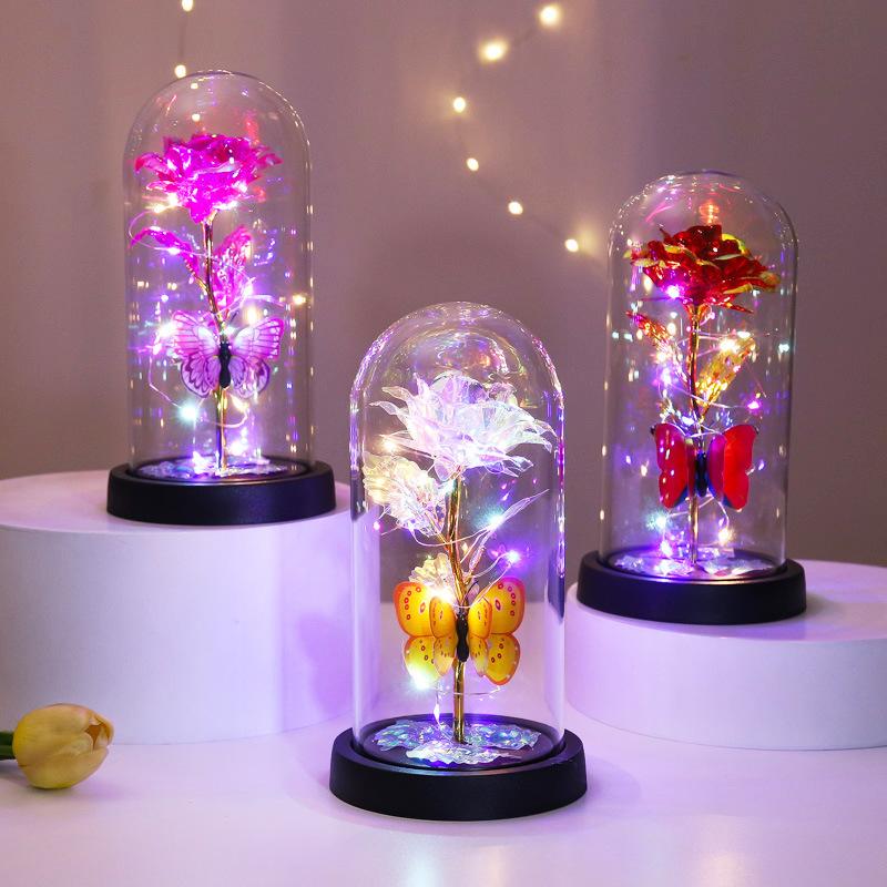 🌹Evig sommerfuglrose i glaskuppel med LED-lys