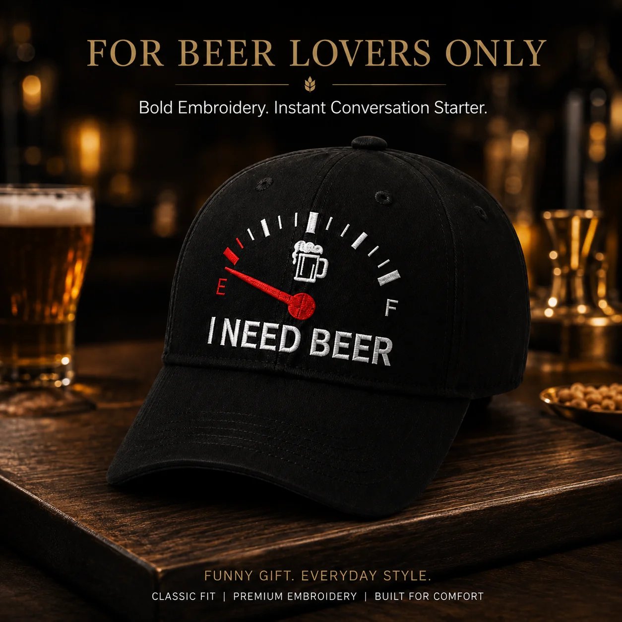 🍺 »I NEED BEER«-broderet baseballkasket – Unisex-kasket til minde🧢 100 % bomuld