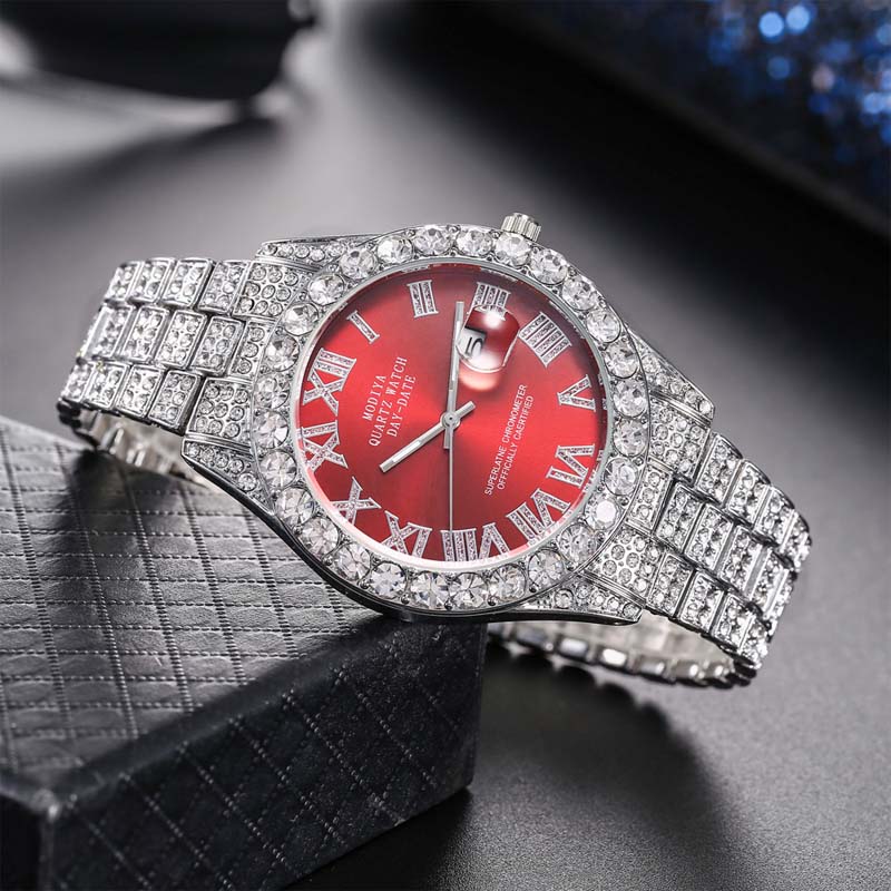 Kvinders kvartsur med rhinestone stål armbån