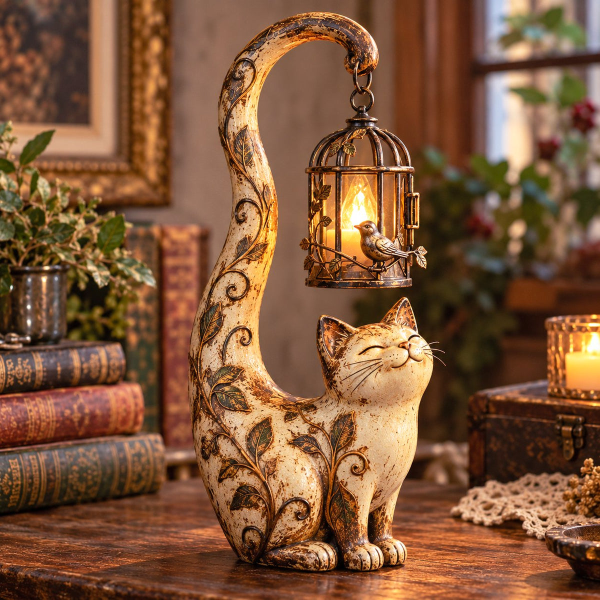 🐈‍⬛Vintage katte-lanterne-skulpturlampe – en lille vogter af varme, minder og hyggelige hjørner✨