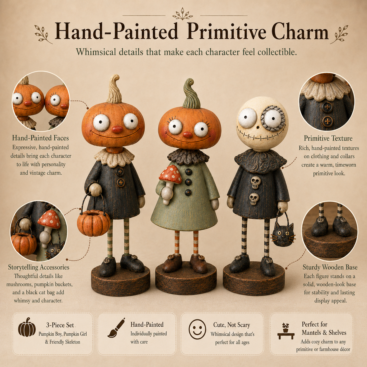 🎃Primitive Pumpkin Friends – Samling af vintage Halloween-figurer