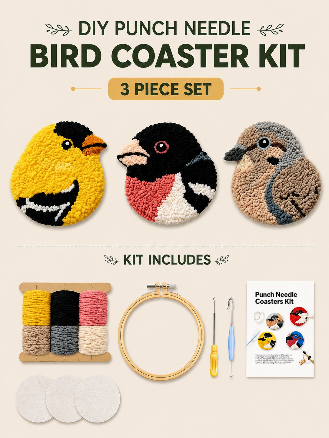 🧵Begyndervenligt🐦DIY-sæt til fugleunderlag med punch needle