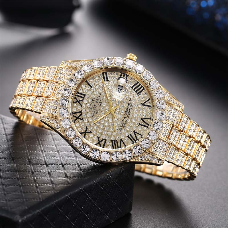 Kvinders kvartsur med rhinestone stål armbån