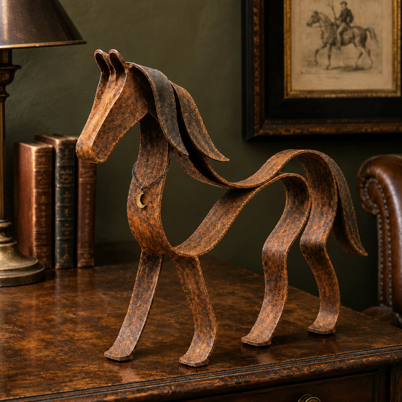 Vintage metalskulptur af en hest – rustik boligindretning med hestemotiv 🐎