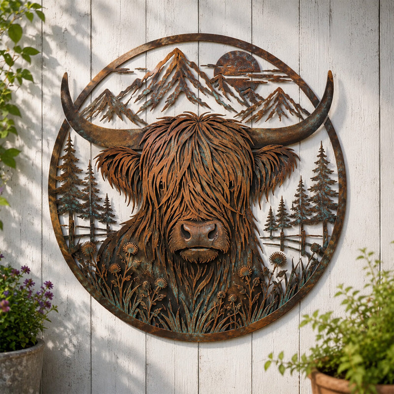 🐂Metalvæg med motiv af en højlandsko i bjerglandskab🏔️