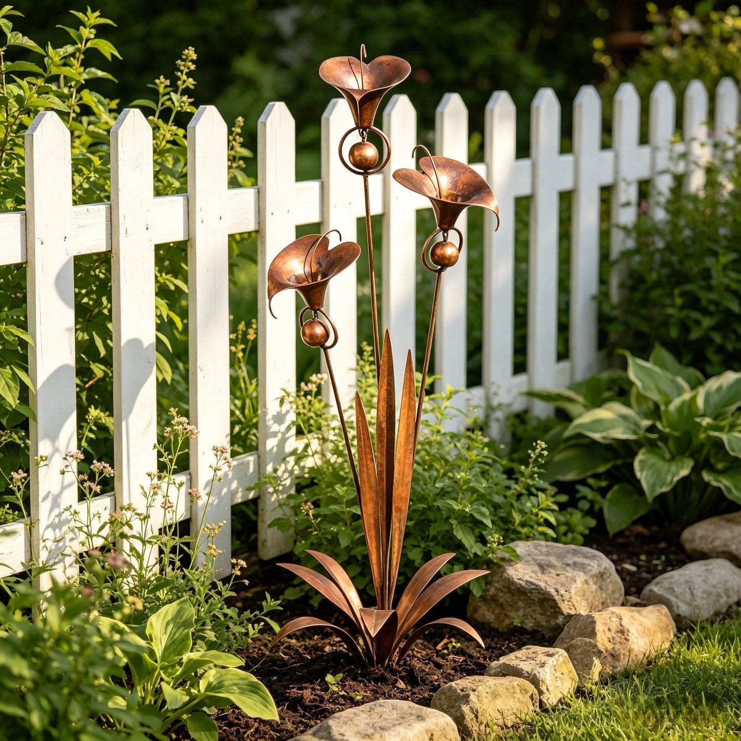 🏡Havepind i flammeret kobber med tre calla-liljer og klokker