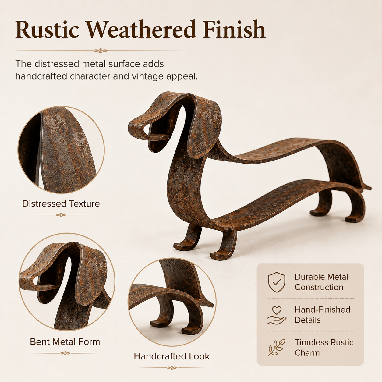 Rustik metalkulptur af en gravhund