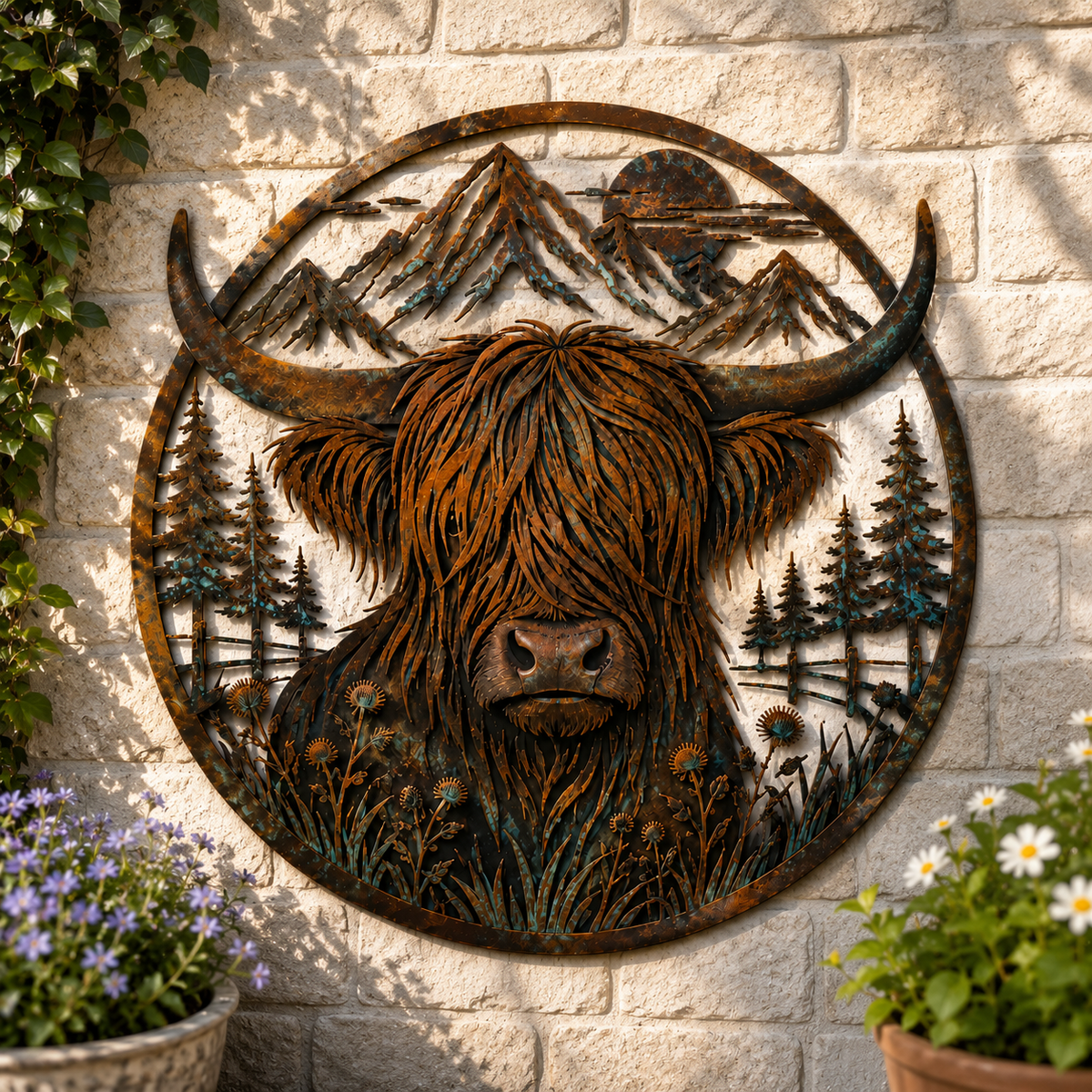 🐂Metalvæg med motiv af en højlandsko i bjerglandskab🏔️