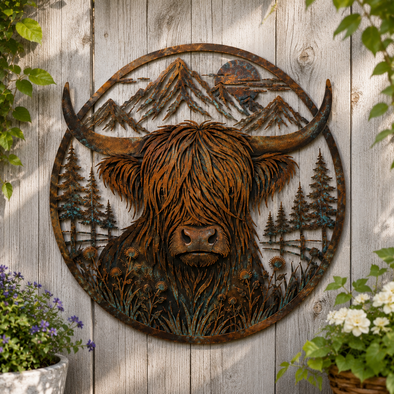 🐂Metalvæg med motiv af en højlandsko i bjerglandskab🏔️