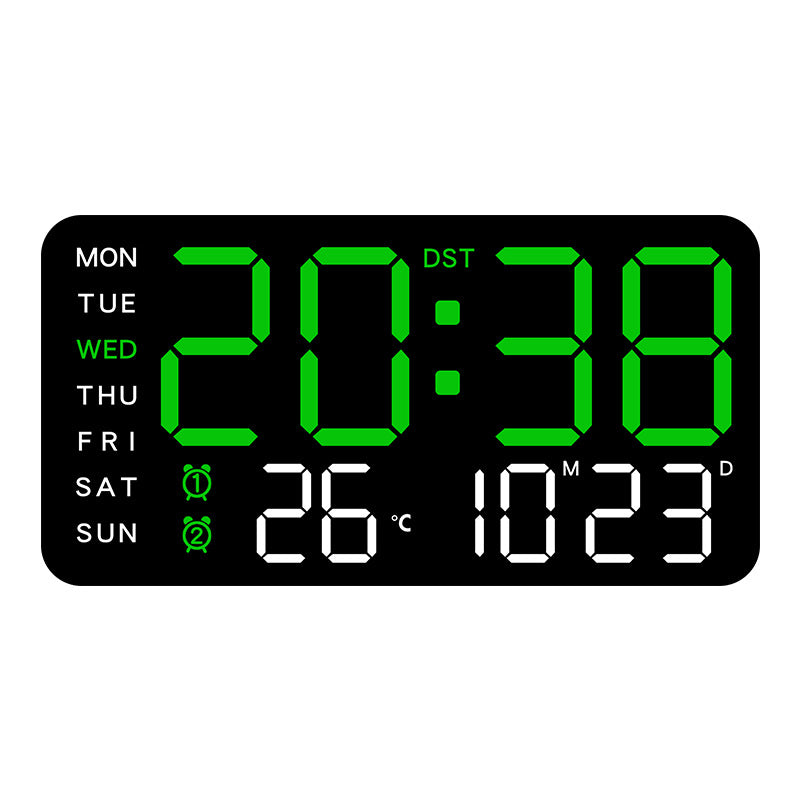 Stort digitalt vægur med LED-display, dato og termomete