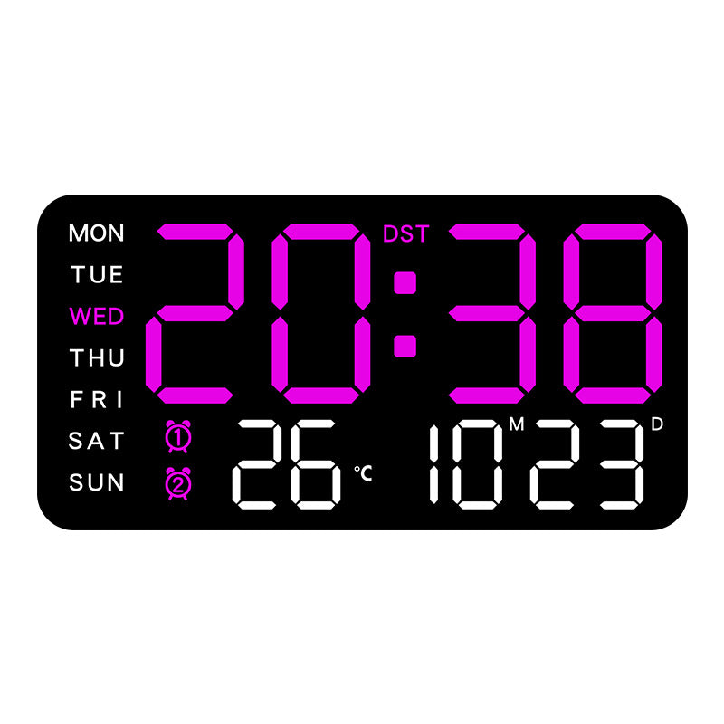 Stort digitalt vægur med LED-display, dato og termomete