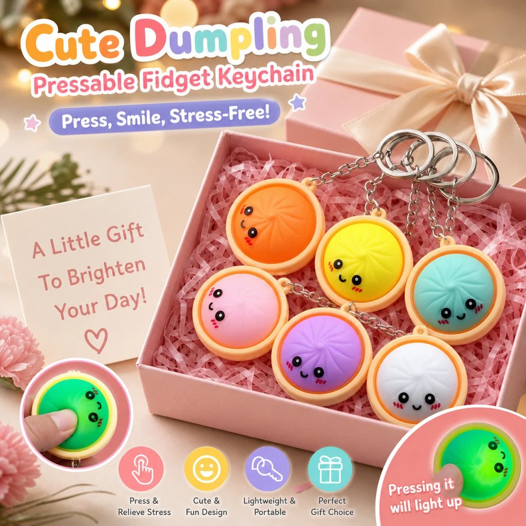 🟔  Sød fidget-nøglering i form af en dumpling, der kan trykkes på – med berøringsfølsomt lys