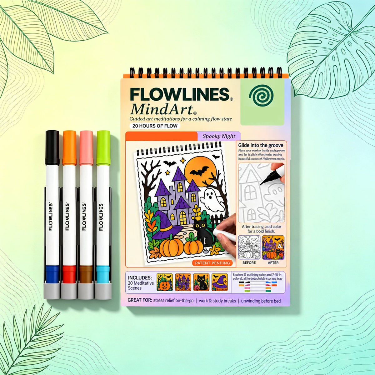 🌿  Malebog med vejledning til flow-kunst og dobbeltsidede tuschpenne 🎨