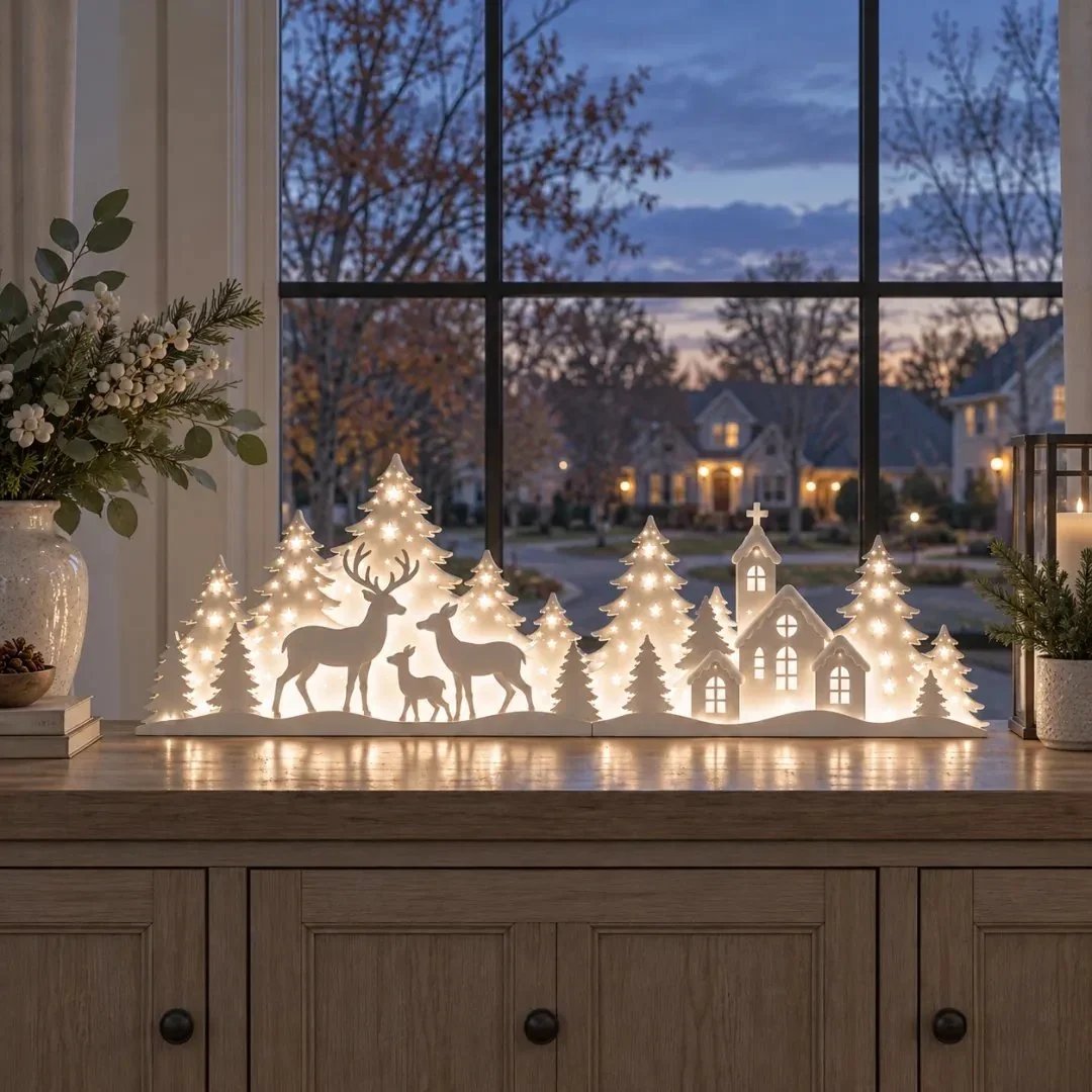 🦌 Lysende julepynt til vinduet – rensdyr og landsby | 2-delt LED-sæt ✨
